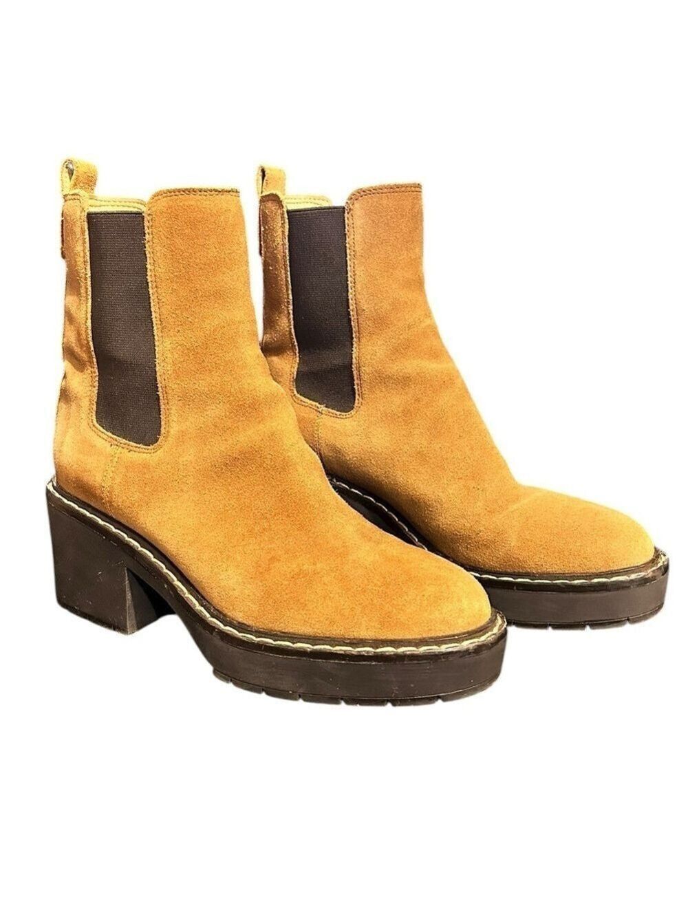 Sam Edelman Anderson Chelsie Boots Chestnut Tan Brown Suede Leather Chunky W7.5